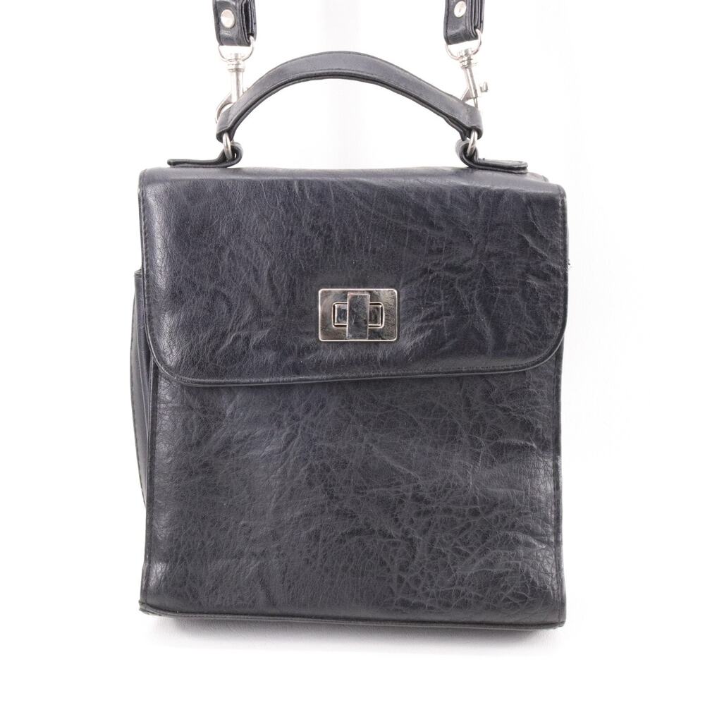 Vtg Crossbody Handbag S Faux Black Crinkle Leather Organizer Shoulder Camera Bag